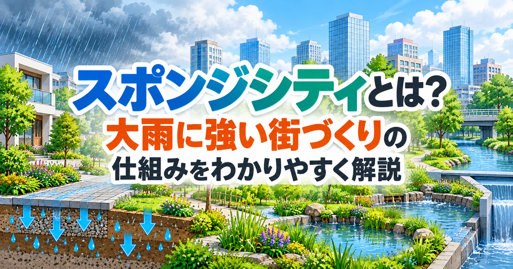 雨水を地面に浸透させるスポンジシティと大雨に強い街づくりの仕組みを表したイメージ