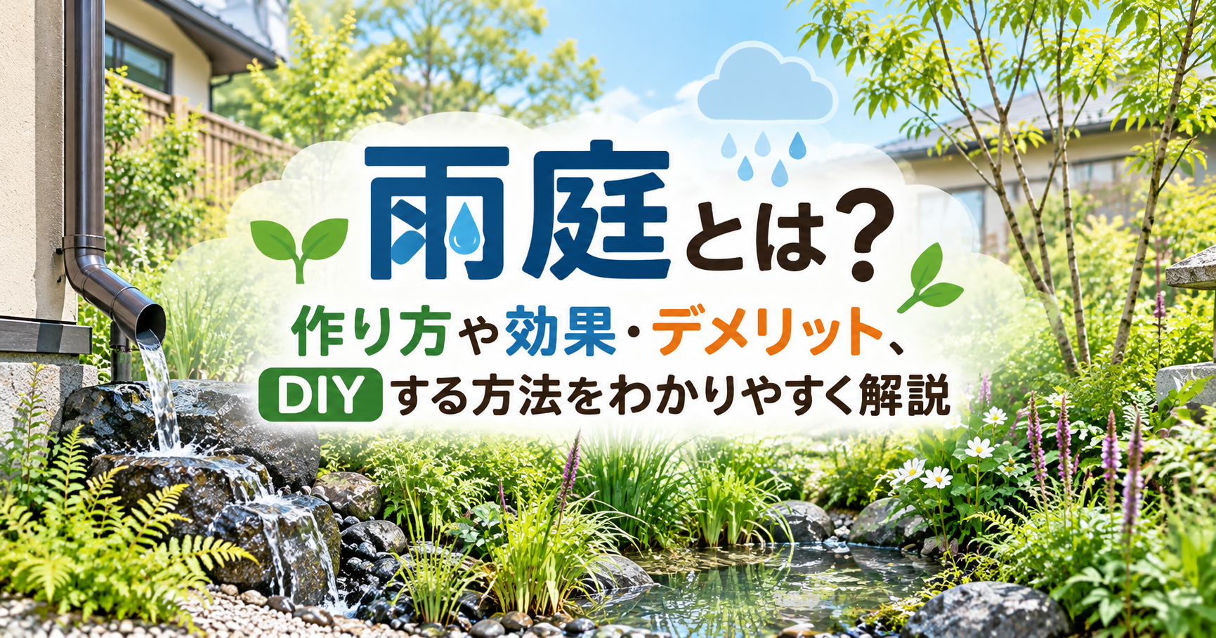 雨庭の作り方や効果・デメリット、DIY方法を紹介するイメージ