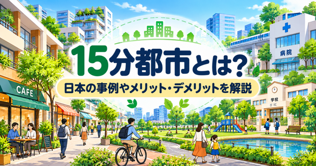 15分都市とは？日本の事例やメリット・デメリットを解説するアイキャッチ画像。徒歩や自転車で移動できる範囲に、学校、病院、商店、公園などが集まる暮らしやすい街並みを描いたイラスト。
