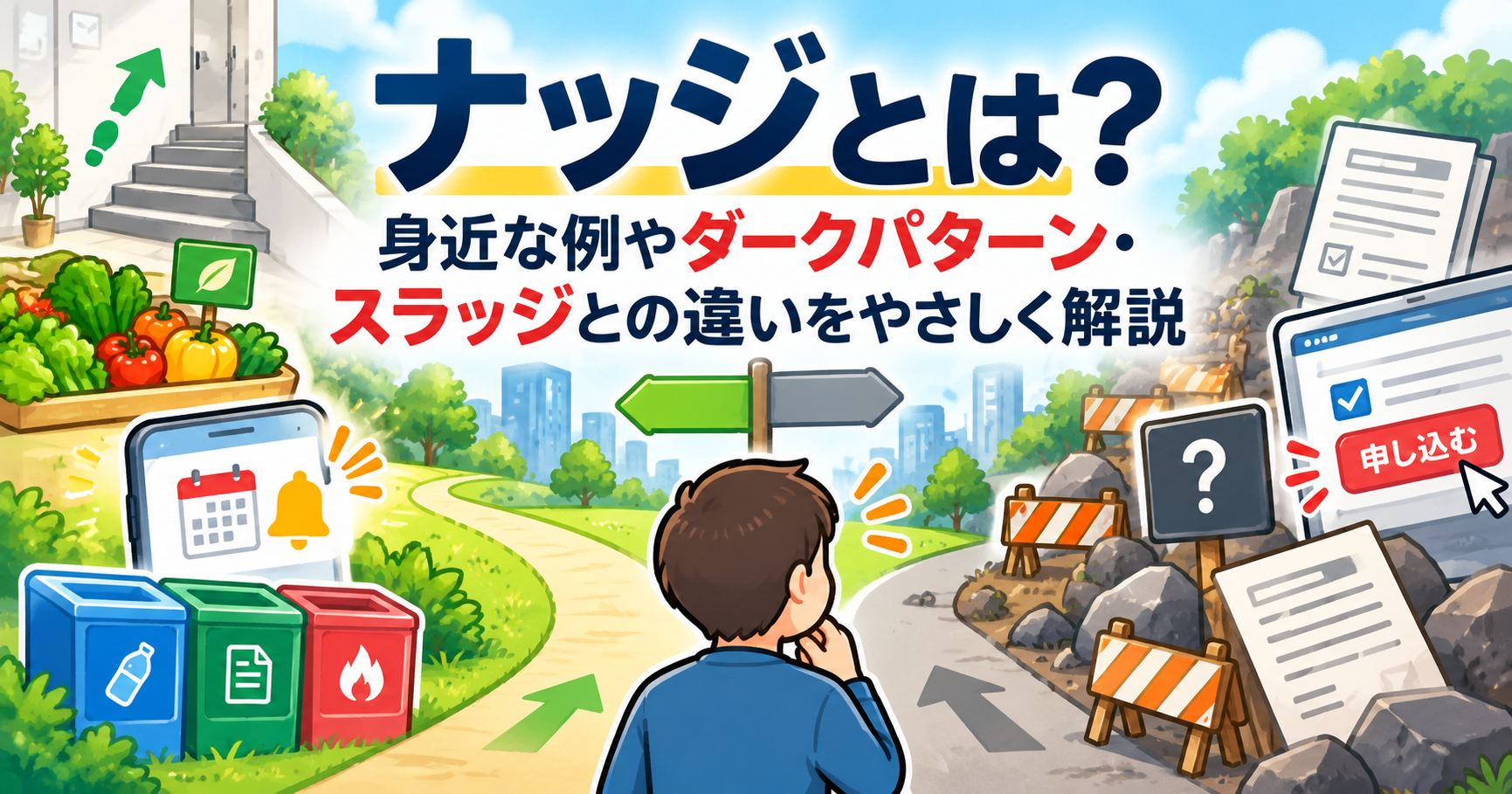 ナッジとは？身近な例やダークパターン・スラッジとの違いを解説するイメージ