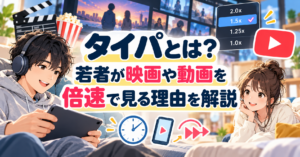 タイパとは？若者が映画や動画を倍速で見る理由を、スマートフォンや動画の再生速度、時計のイラストとともに紹介するアイキャッチ画像