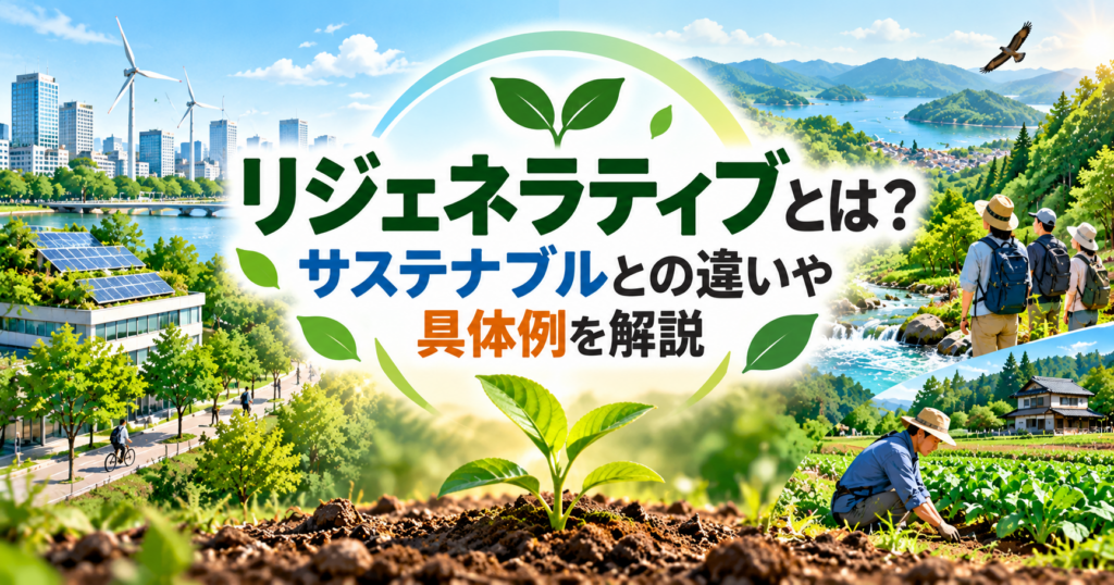 リジェネラティブとは？サステナブルとの違いや具体例を解説する記事のアイキャッチ画像。再生可能エネルギーを活用する都市、豊かな森林や川、農業による自然環境の再生を描いたイラスト。
