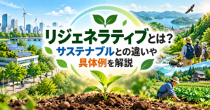 リジェネラティブとは？サステナブルとの違いや具体例を解説する記事のアイキャッチ画像。再生可能エネルギーを活用する都市、豊かな森林や川、農業による自然環境の再生を描いたイラスト。