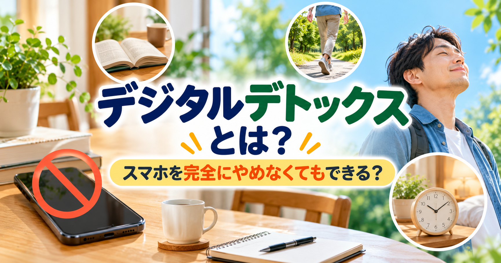 デジタルデトックスとは？スマホを完全にやめずに、読書や散歩などを楽しみながら利用時間を見直すイメージ画像。