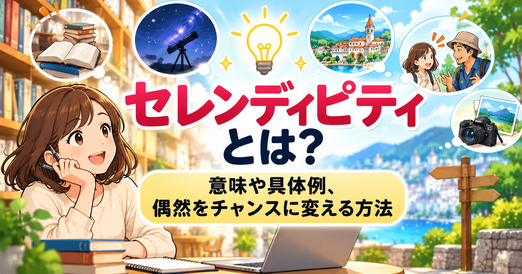 セレンディピティとは？意味や具体例、偶然をチャンスに変える方法を紹介するアイキャッチ画像。本や旅行、人との出会いから新しい発見が生まれる様子を描いたイラスト。