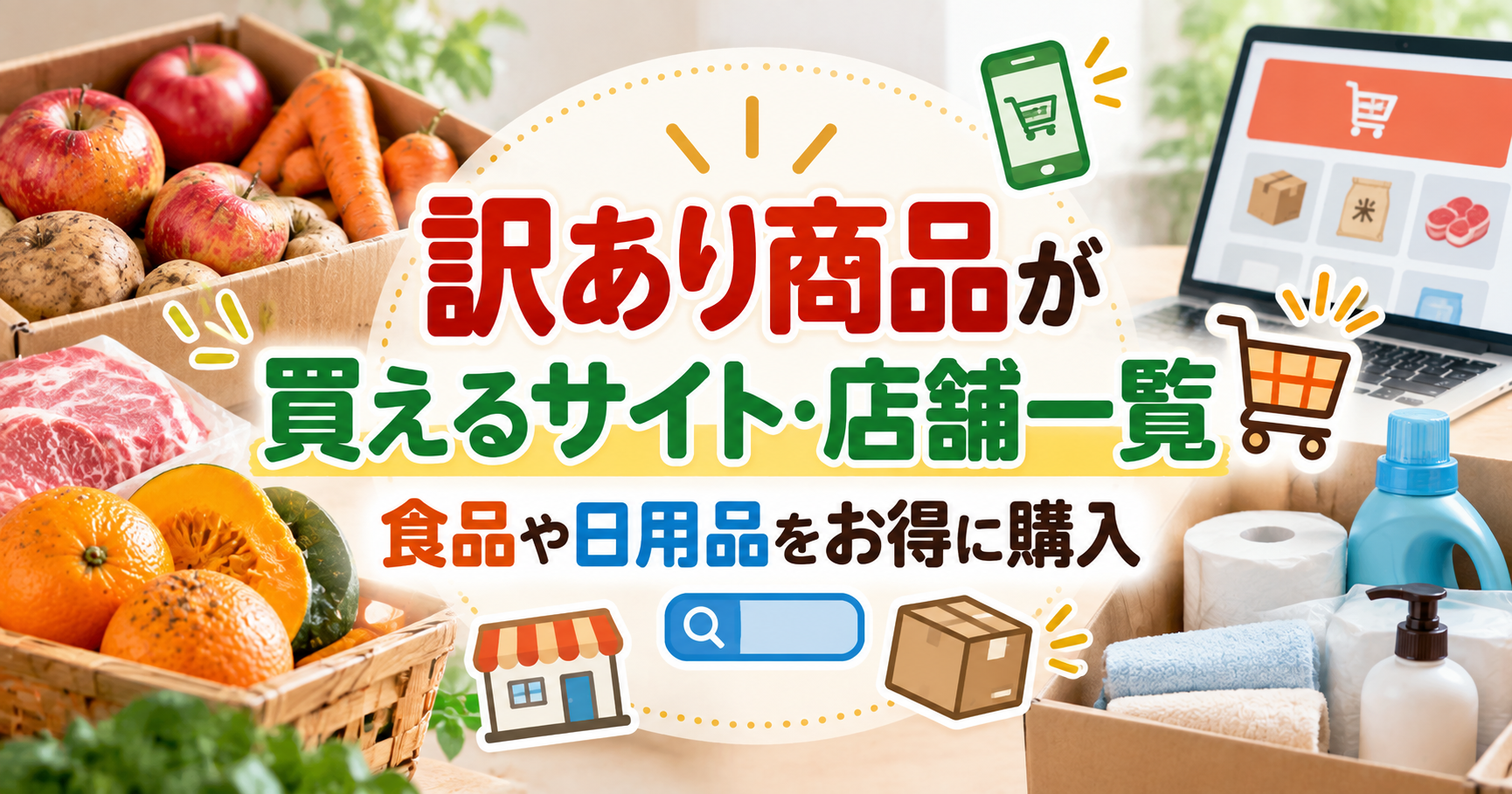 訳あり商品が買えるサイト・店舗で食品や日用品をお得に購入するイメージ画像