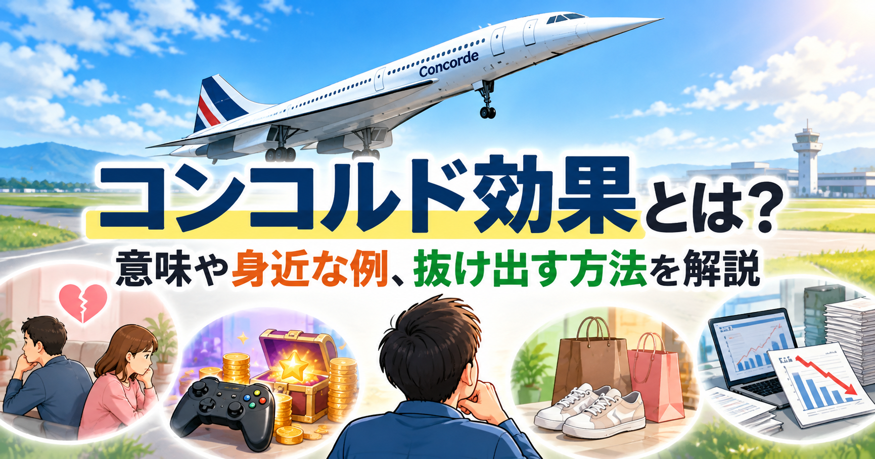 超音速旅客機コンコルドと、恋愛・ゲーム・買い物・仕事で起こるコンコルド効果の身近な例を描いたアイキャッチ画像。「コンコルド効果とは？意味や身近な例、抜け出す方法を解説」のタイトル入り。