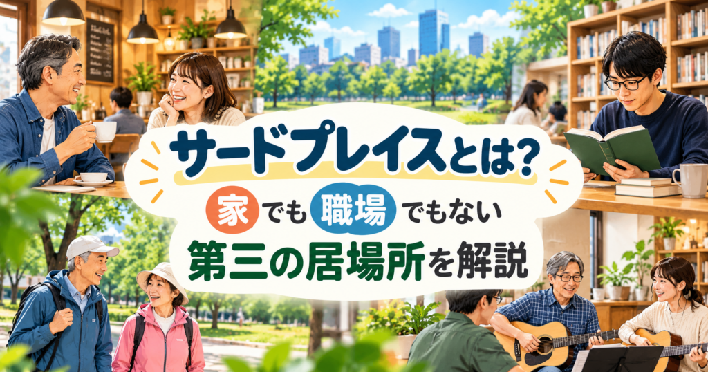 サードプレイスとは？家でも職場でもない第三の居場所を、カフェでの交流や公園での散歩、図書館での読書、趣味の音楽活動を通じて表現したイラスト。