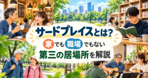 サードプレイスとは？家でも職場でもない第三の居場所を、カフェでの交流や公園での散歩、図書館での読書、趣味の音楽活動を通じて表現したイラスト。