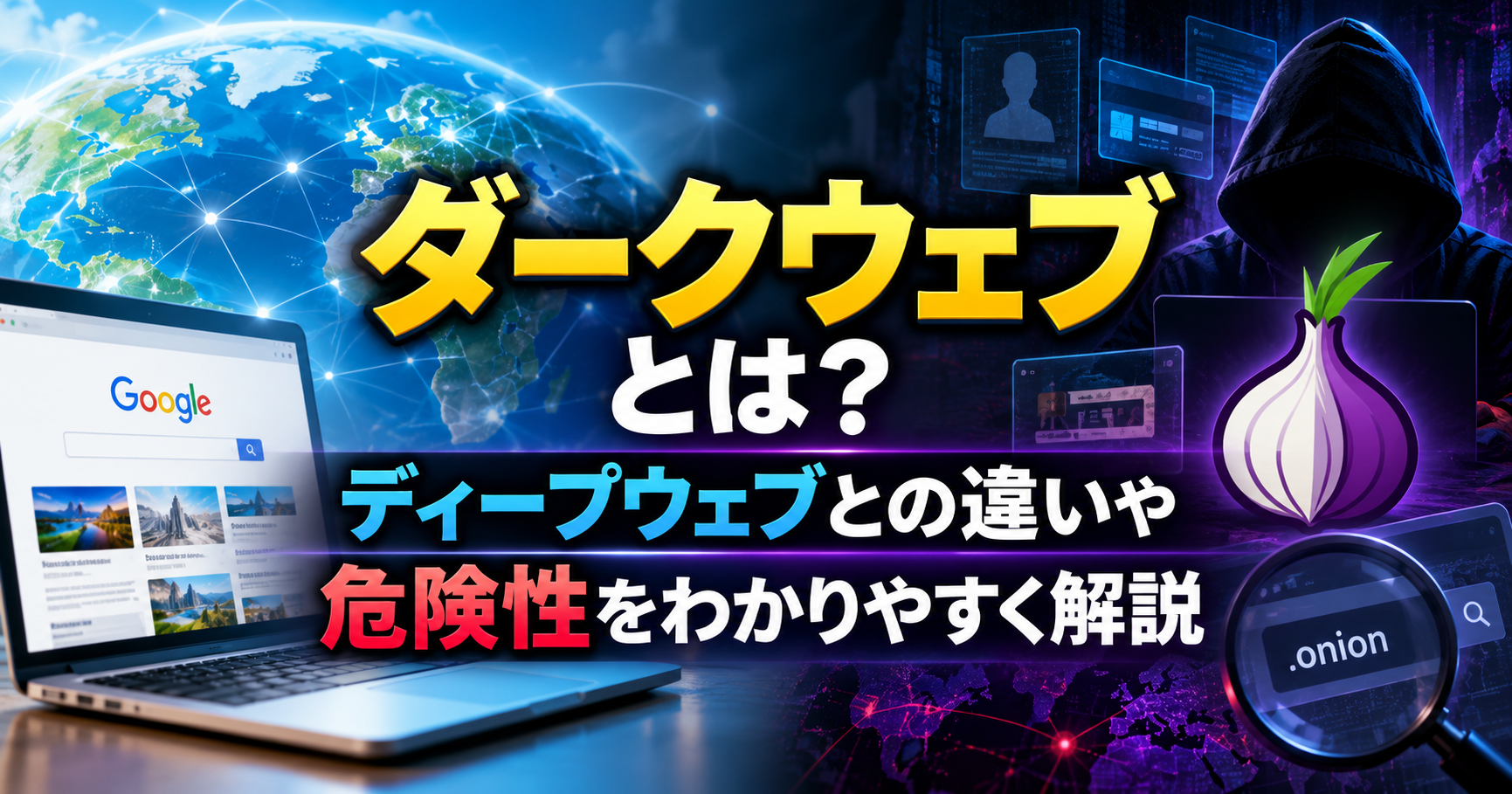 ダークウェブとは？ディープウェブとの違いや危険性を解説するアイキャッチ画像。通常のインターネットと匿名ネットワークを対比し、Torやセキュリティのイメージを表現。