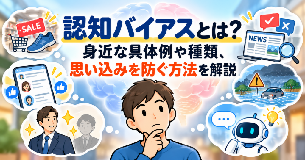 認知バイアスとは？身近な具体例や種類、思い込みを防ぐ方法を解説する記事のアイキャッチ画像。考える男性の周囲に、買い物・SNS・ニュース・判断の分かれ道などのイラストを配置。
