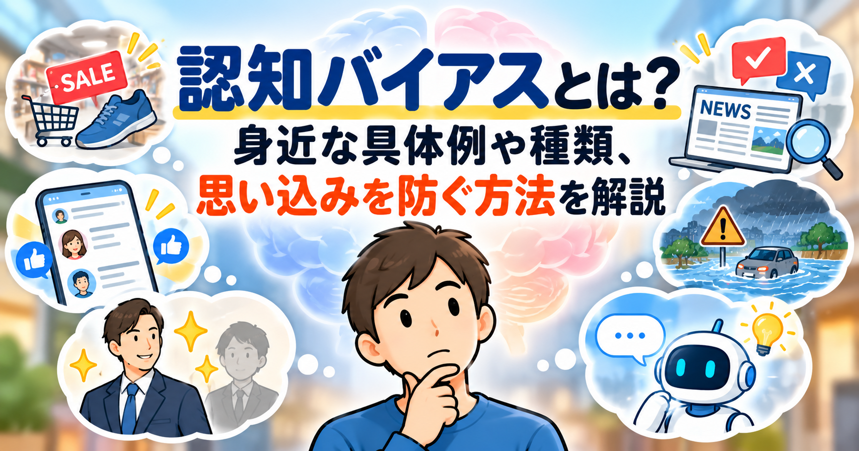 認知バイアスとは？身近な具体例や種類、思い込みを防ぐ方法を解説する記事のアイキャッチ画像。考える男性の周囲に、買い物・SNS・ニュース・判断の分かれ道などのイラストを配置。