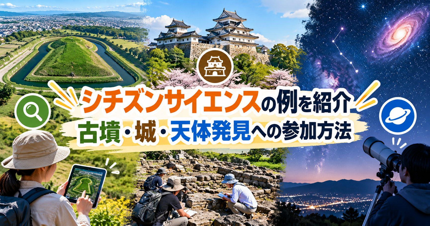 シチズンサイエンスの例として古墳・城・天体観測への市民参加を表したイメージ
