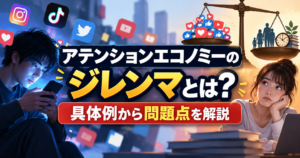 アテンションエコノミーのジレンマとは？スマホやSNSに夢中になる男性と、時間や生活への影響を考える女性、注目と日常生活のバランスを表す天秤のイラスト