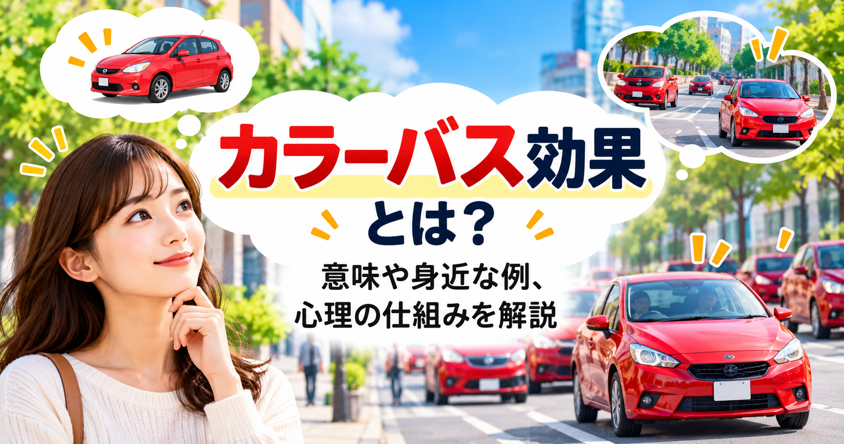カラーバス効果とは？赤い車が目につく心理現象を、街中の赤い車とそれに注目する女性のイメージで表現したアイキャッチ画像。