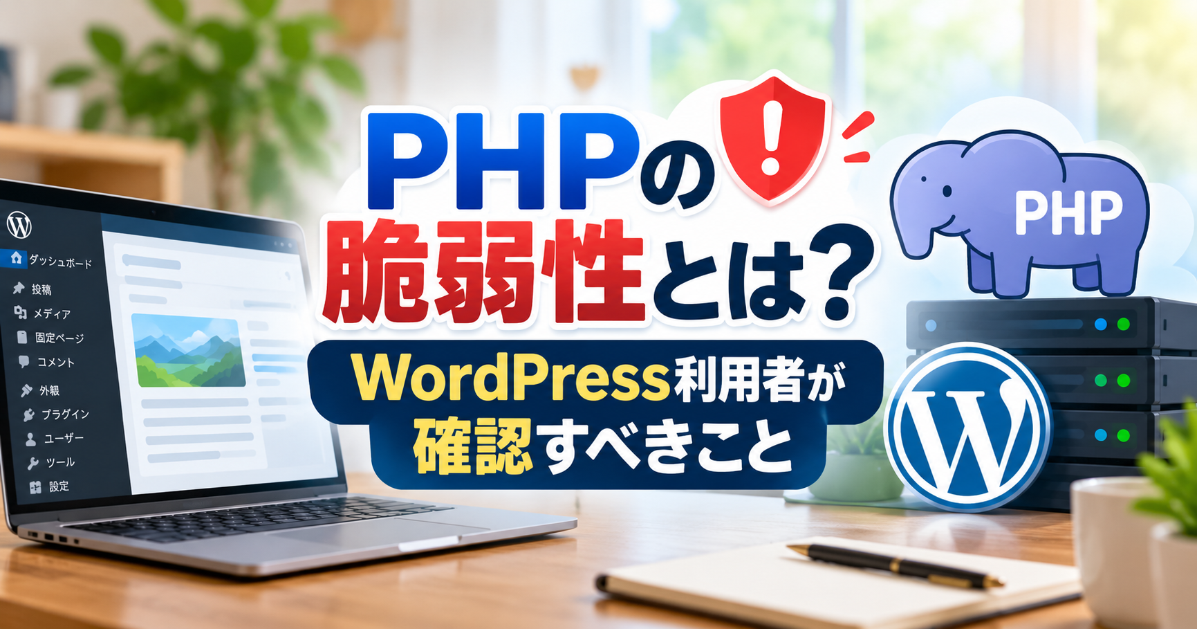 PHPの脆弱性とは？WordPress利用者が確認すべきことを解説するアイキャッチ画像。パソコンのWordPress管理画面、PHPのロゴ、サーバー、セキュリティ警告マークを配置。